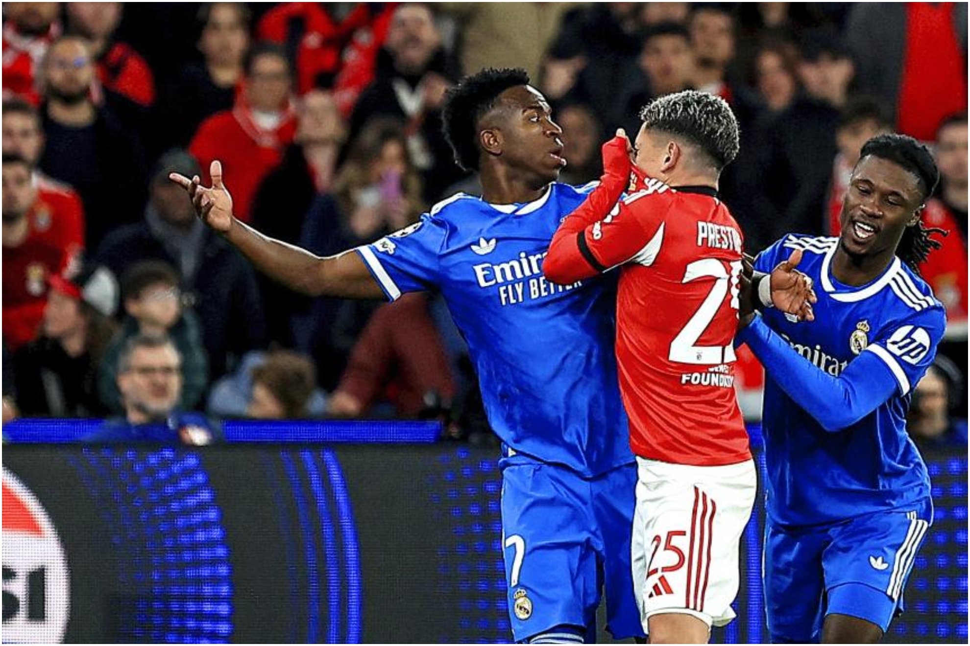 Vinicius y Prestianni se encaran en el encuentro.