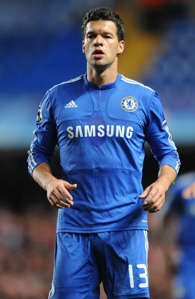 Michael Ballack in a blue Chelsea kit during a Champions League match.