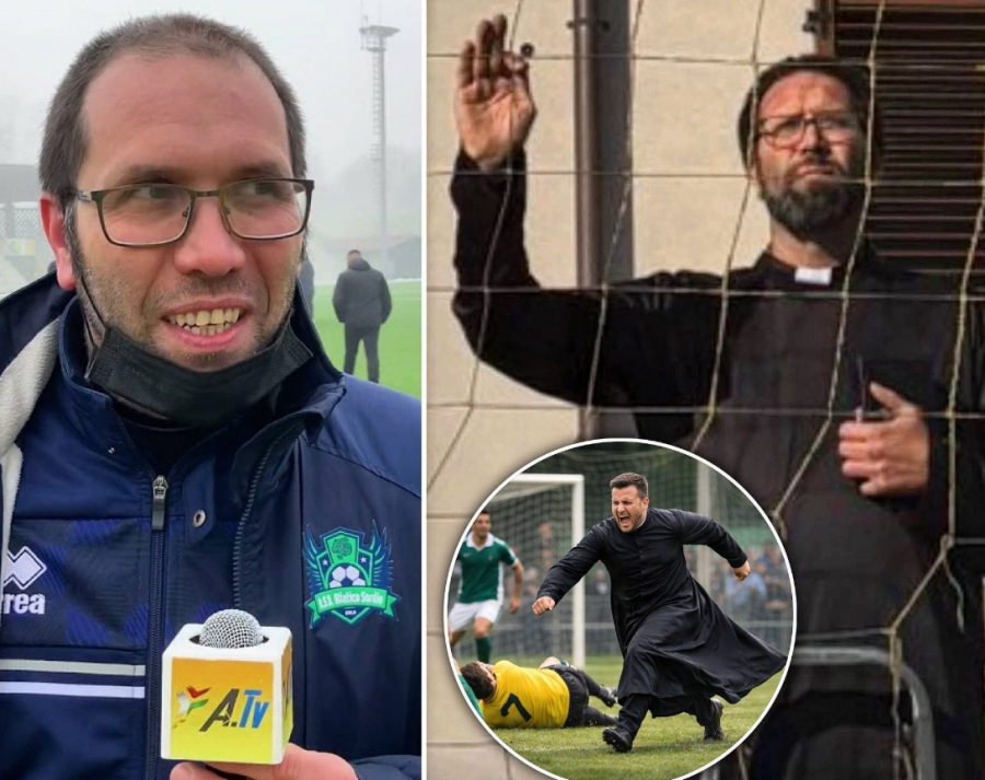 Trajneri i pezulluar hyn n&euml; fush&euml; i veshur si prift p&euml;r t&euml; ndjekur skuadr&euml;n, rreh kund&euml;rshtar&euml;t