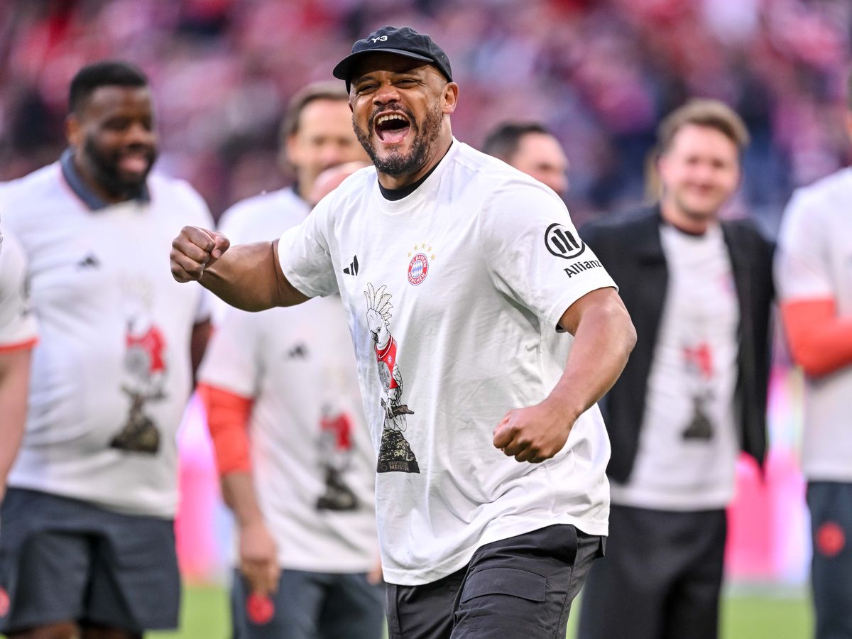 Head coach Vincent Kompany of FC Bayern Muenchen celebrates after the victory and winning the championship during the Bundesliga match between FC Bayern M&uuml;nchen and VfB Stuttgart at Allianz Arena on April 19, 2026 in M&uuml;nchen, Germany. (Photo by GSI/Icon Sport via Getty Images)