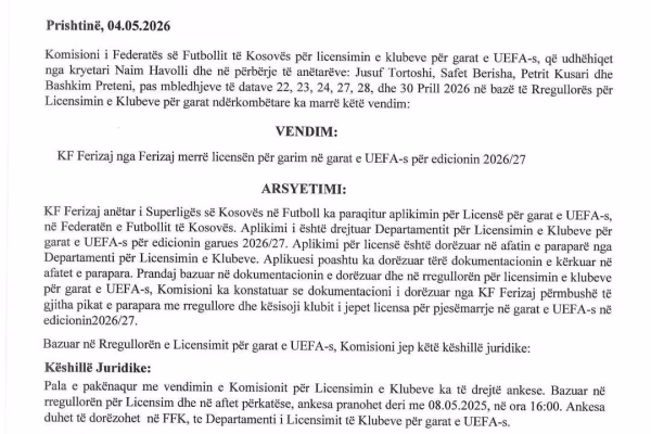 Ferizaj licencohet për gara evropiane