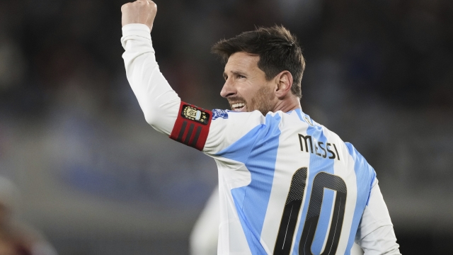 Argentina's Lionel Messi celebrates scoring his side's third goal against Venezuela during a World Cup 2026 qualifying soccer match at the Monumental stadium in Buenos Aires, Argentina, Thursday, Sept. 4, 2025. (AP Photo/Gustavo Garello)