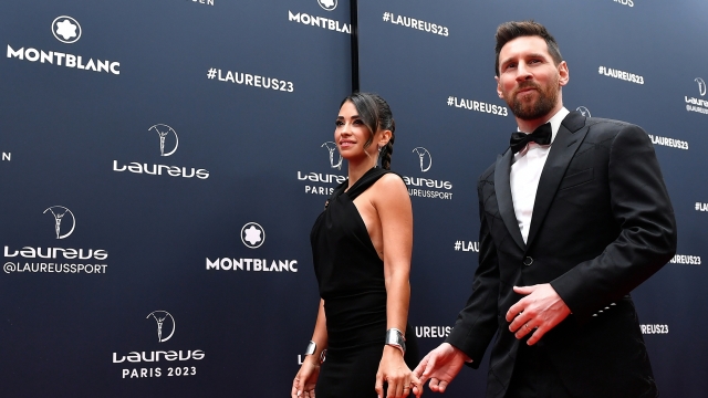 PARIS, FRANCE - MAY 08: Laureus World Sportsman of the Year 2023 nominee Lionel Messi and wife Antonella Roccuzzo arrives at the 2023 Laureus World Sport Awards Paris red carpet arrivals at Cour Vendome on May 08, 2023 in Paris, France. (Photo by Aurelien Meunier/Getty Images for Laureus)