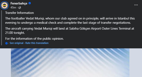 Rikthimi i madh i Vedat Muriqit, Fenerbahçe konfirmon marrëveshjen me sulmuesin kosovar