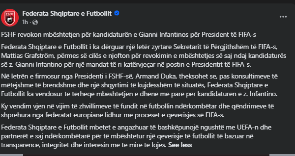 FSHF tërhiqet nga mbështetja për Infantinon në garën për kreun e FIFA-s
